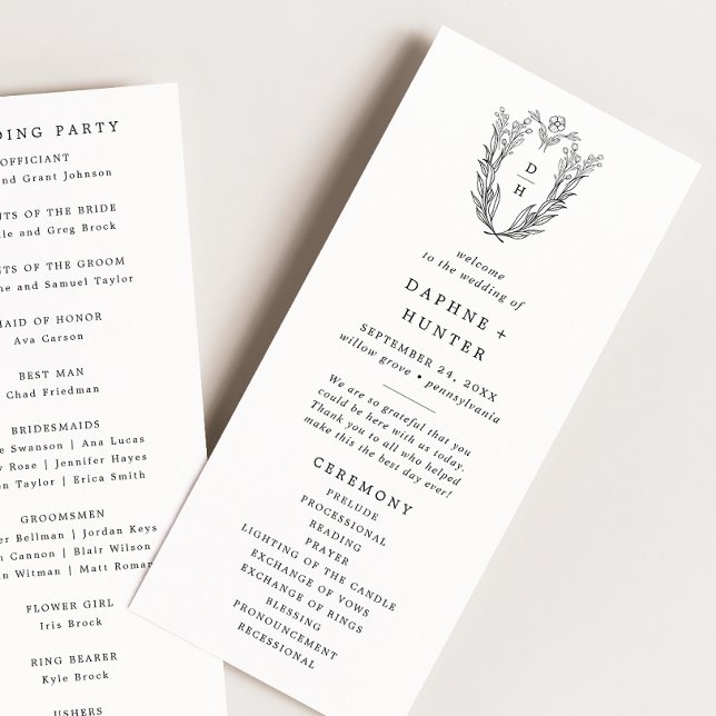 Programme DAPHNE Verdure Noir Blanc Cimetière Monogramme Mar (DAPHNE Greenery Black White Crest Monogram Wedding Program)