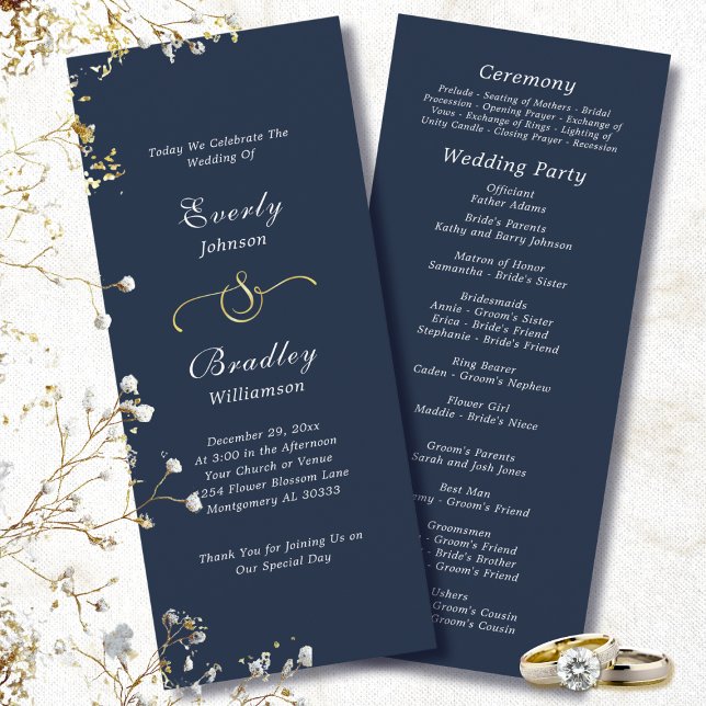Programme Dark Navy Blanc Simple Script Mariage élégant (Créateur téléchargé)