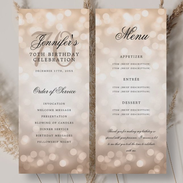 Programme de 70e anniversaire Menu Bokeh Rose Gold (70th Birthday Program Rose Gold Bokeh Menu)