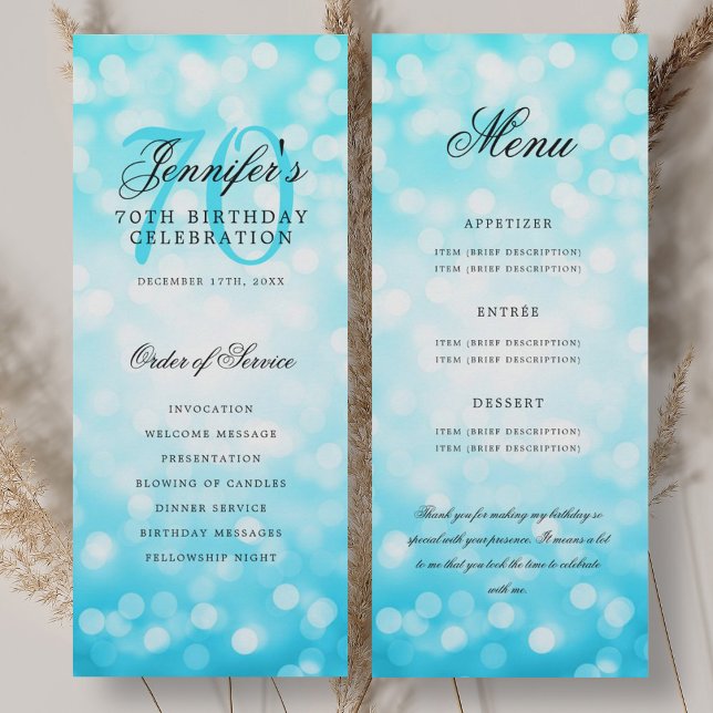 Programme de 70e anniversaire Menu Bokeh Turquoise (70th Birthday Program Turquoise Bokeh Menu)