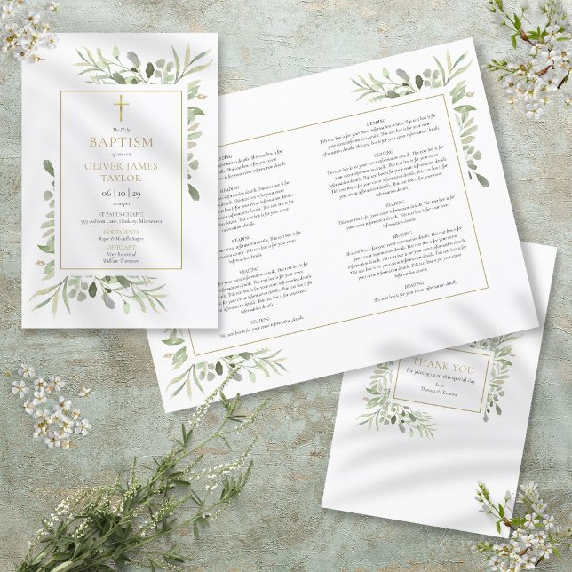 Programme de baptême croix dorée avec feuillage (Greenery Gold Cross Baptism Christening Program)