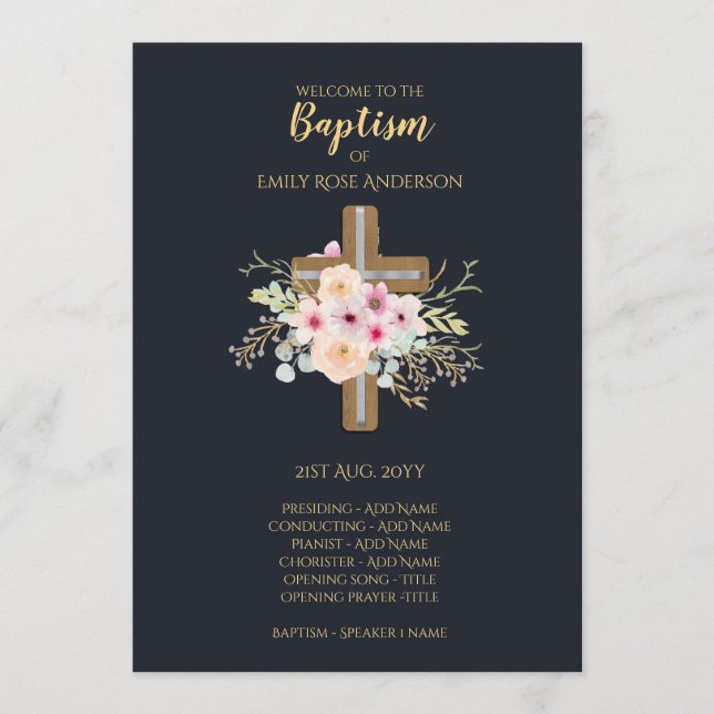 Programme de baptême - Floral Cross Navy Blue Gold (Devant)