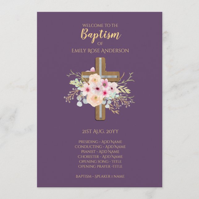 Programme de baptême - Floral Cross Purple Gold (Devant)