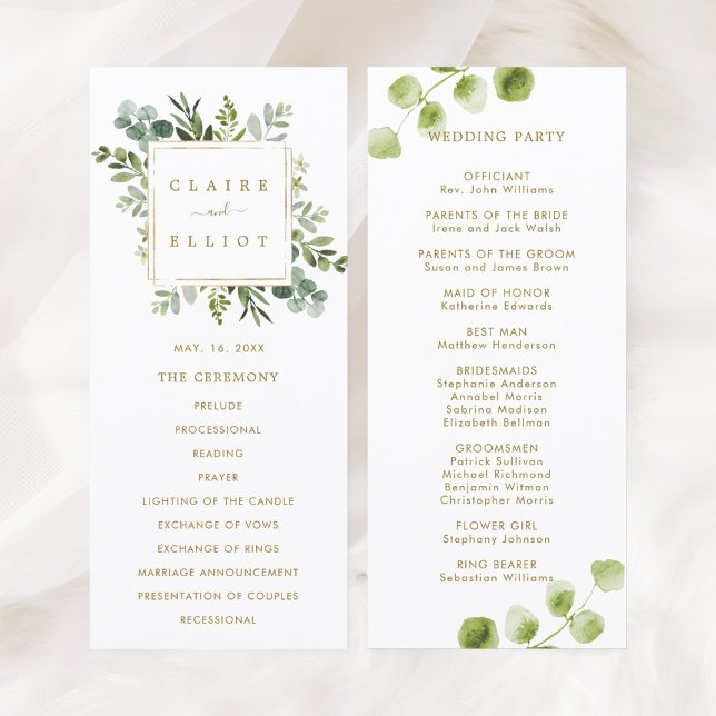 Programme de cérémonie de mariage à la verdure dor (Front & Back)