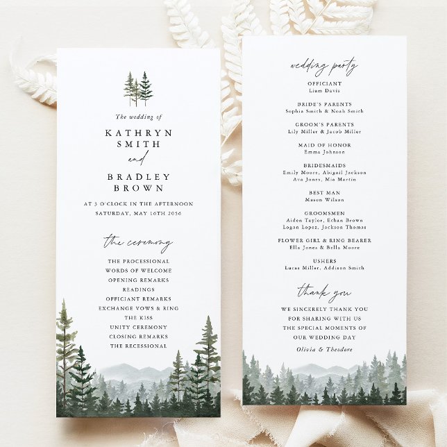 Programme de cérémonie de mariage de la forêt de m (Mountain Forest Wedding Program, Sage Green Pine Tree Ceremony Program, Woodland Wedding Stationery)