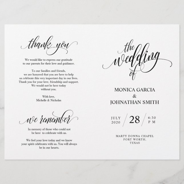 Programme de cérémonie de mariage, Écriture Élégan (Devant)