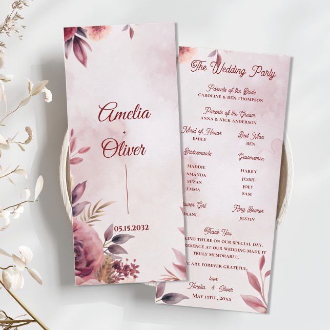 Programme de cérémonie de mariage floral botanique (Blush Floral Wedding Program | Elegant Romantic Botanical Wedding Ceremony Program)