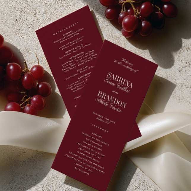 Programme de cérémonie de mariage moderne classiqu (Modern Classic Burgundy Wedding Ceremony Program)