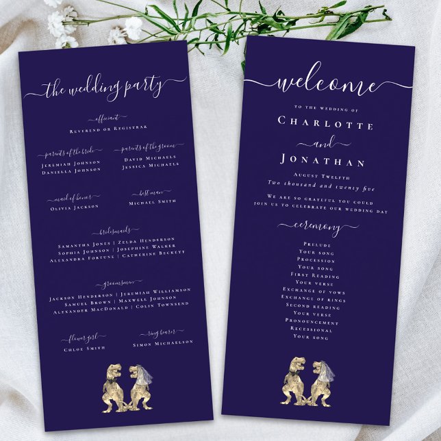 Programme de cérémonie de mariage sur le thème des (Dinosaur theme wedding ceremony program card navy blue & white Elegant modern script T-Rex dino )