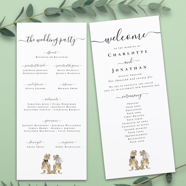 Programme de cérémonie de mariage sur le thème des (Dinosaur theme wedding program card Funny T-Rex dino bride and groom elegant modern script)