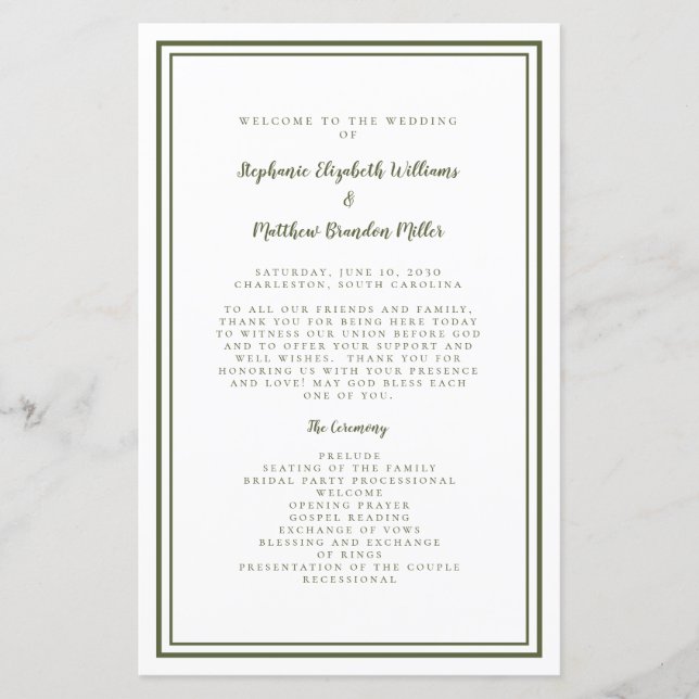 Programme de cérémonie de mariage vert olive moder (Devant)
