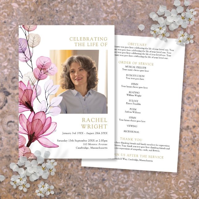 Programme de cérémonie funéraire à fleurs roses (Pink Floral Memorial Funeral Order Of Service Program)