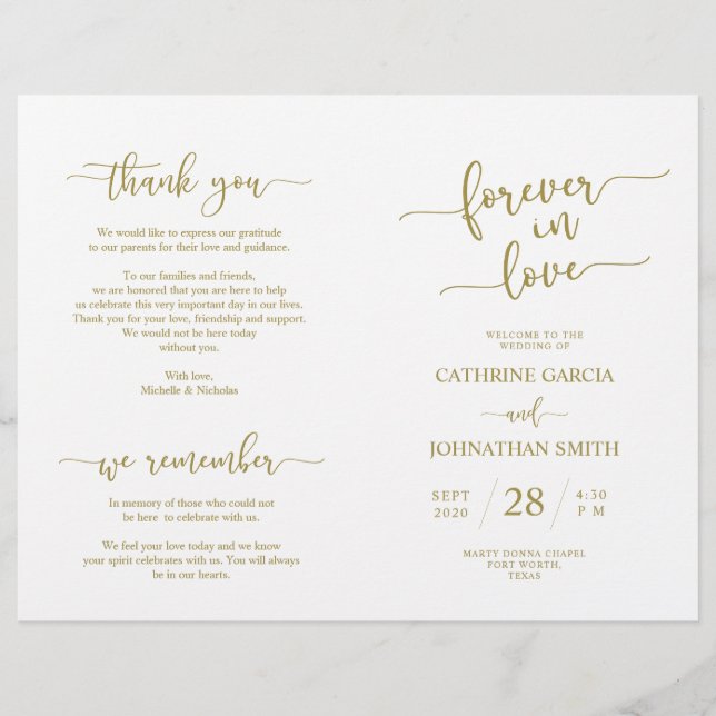 Programme de cérémonie mariage, Élégant Script Gol (Devant)