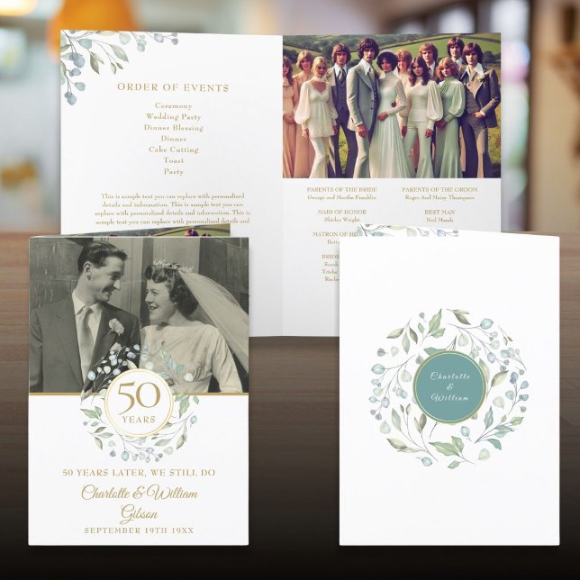 Programme de fête d'anniversaire de mariage de 50  (Greenery 2 Photo 50th Wedding Anniversary Party Program)