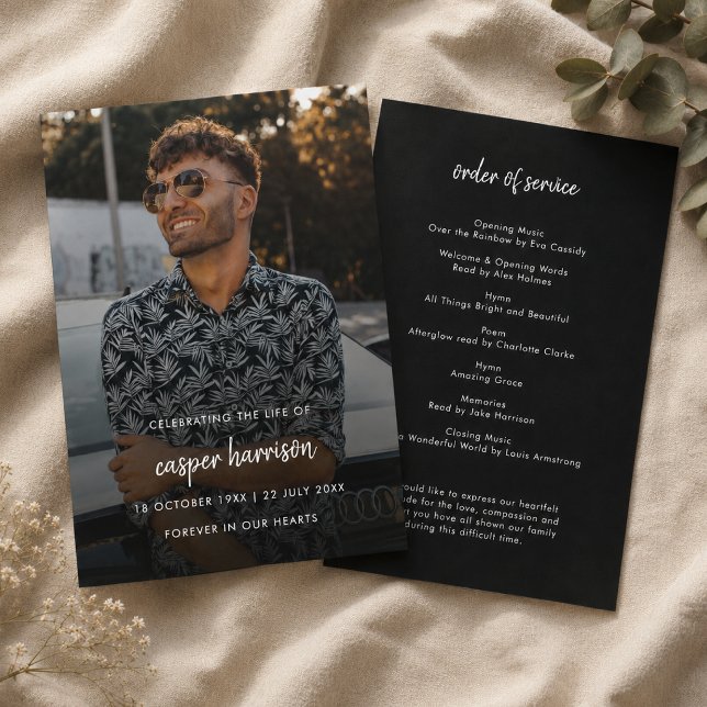 Programme de funérailles | Ordre de service de mém (Personalized funeral program with photo front and order of service back for guests.)