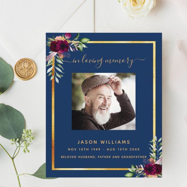 Programme de funérailles photo florale bleu marine (Créateur téléchargé)