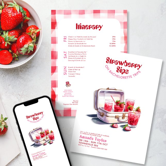 Programme de l'enterrement de vie de jeune fille a (Strawberry Bachelorette Weekend trip Invitation and itinerary. Pink red vintage cocktail watercolor )