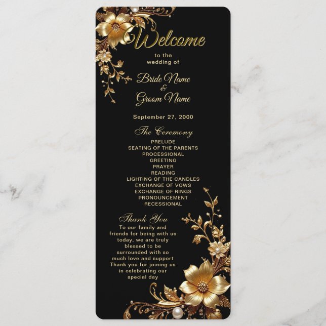 Programme de mariage à cadre orné de fleurs dorées (Devant)