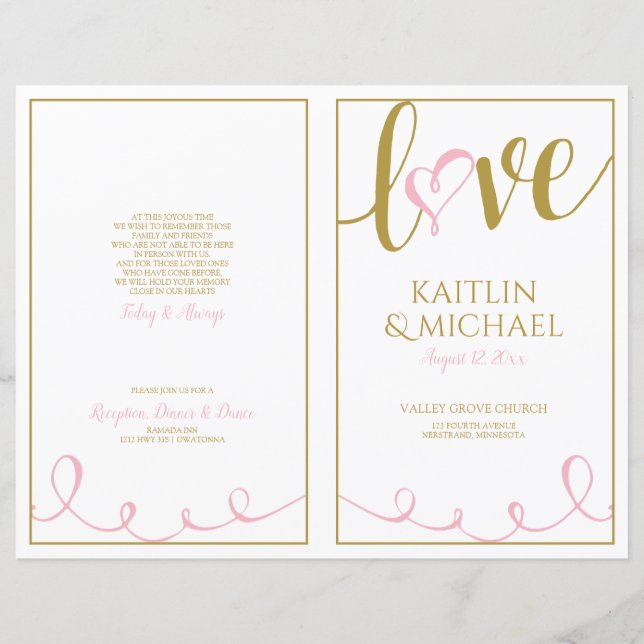 Programme de mariage à cœur avec script d'amour Ro (Devant)