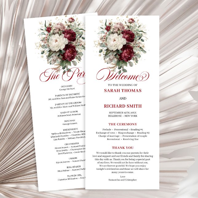Programme de mariage à la verdure de Bourgogne aux (Botanical Blush Burgundy Greenery Wedding Program)