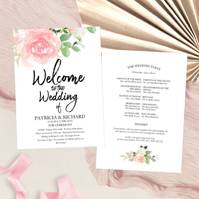Programme de mariage à l'aquarelle florale de rose (Créateur téléchargé)