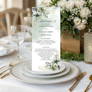 Programme de mariage à l'aquarelle vert poussiéreu