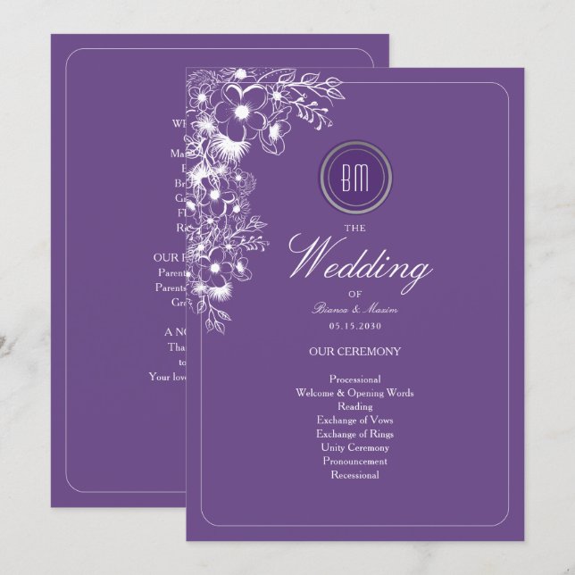 Programme de mariage à monogramme floral pourpre (Devant / Derrière)