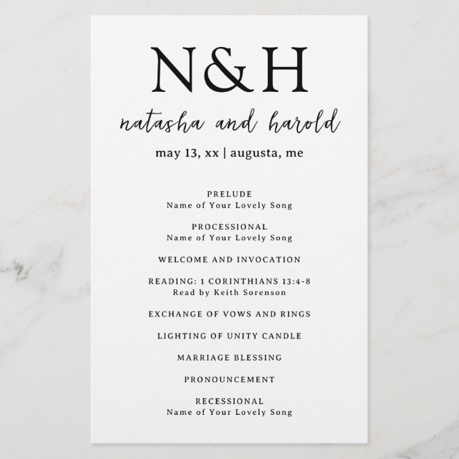 Programme de mariage à monogramme gras noir et bla (Devant)