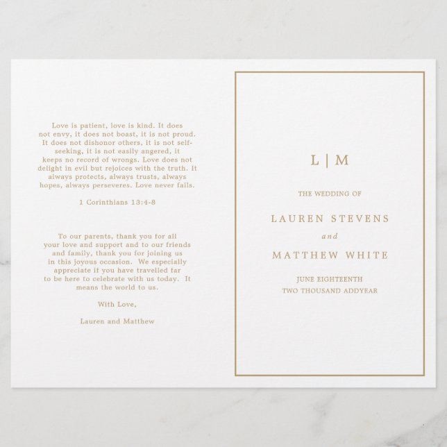 Programme de mariage à monogramme simple en or ant (Devant)