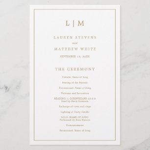 Programme de mariage à monogramme simple en or ant