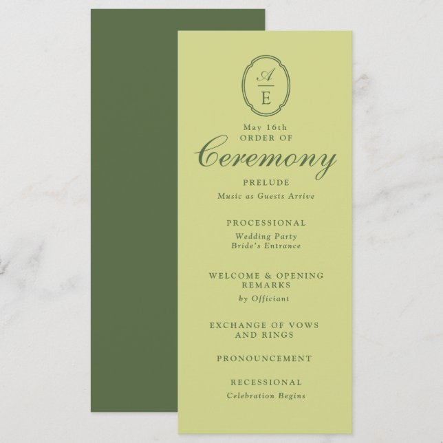 Programme de mariage à monogramme vert de printemp (Devant / Derrière)