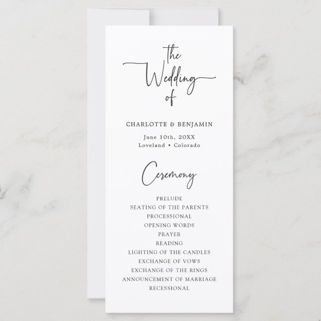Programme de mariage à script simple (Devant)