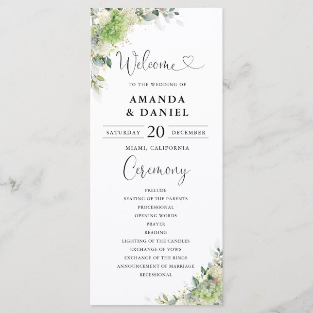 Programme de Mariage aux Hortensias Verts (Devant)