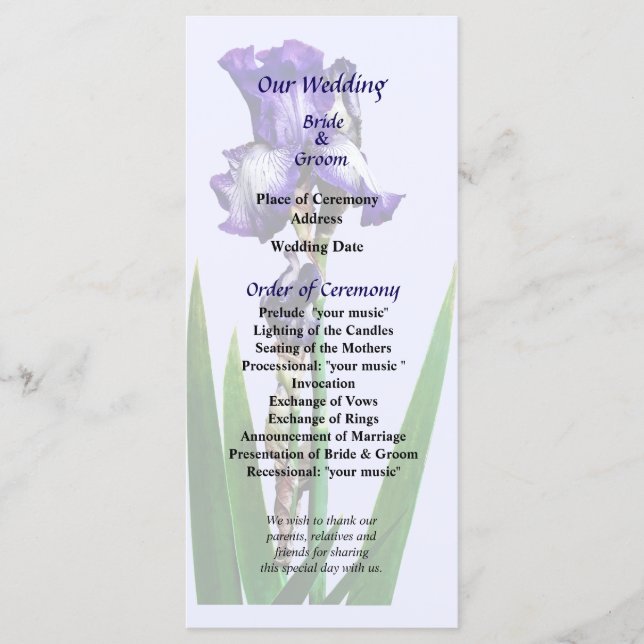 Programme de mariage aux Iris Violets Adorables (Devant)