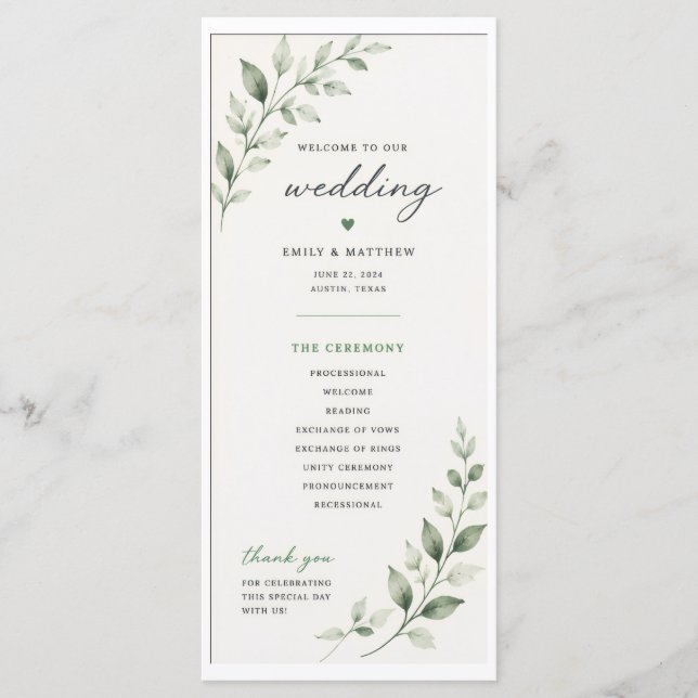 Programme de mariage avec feuilles (Devant)