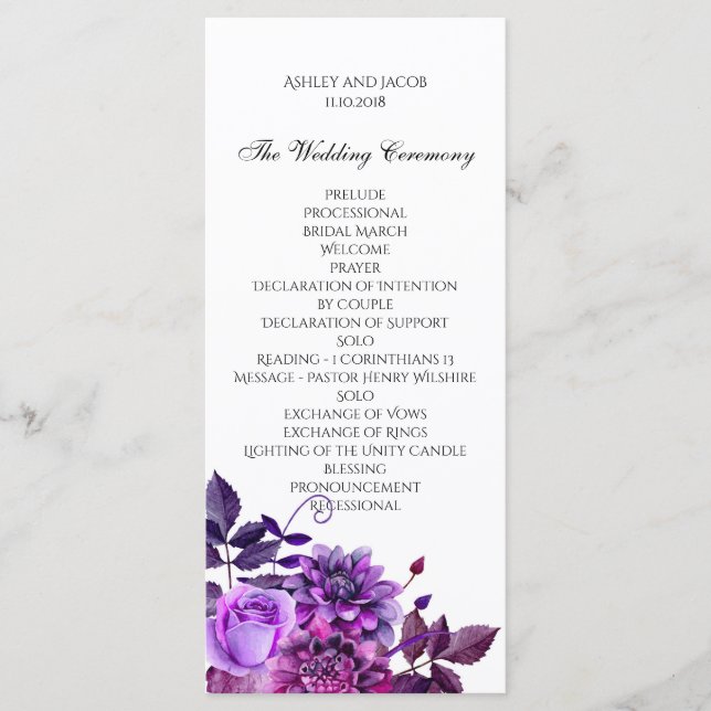 Programme de mariage avec fleurs violettes Cérémon (Devant)