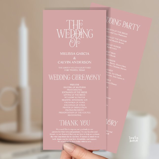 Programme de mariage avec typographie élégante ros (Elegant Rose Gold Typography Modern Romantic Wedding Program Card)