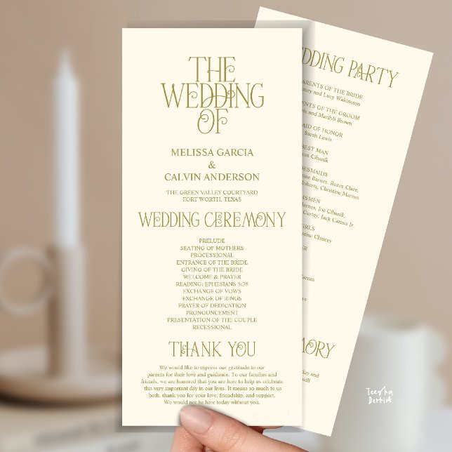 Programme de mariage avec typographie élégante sur (Elegant Yellow Gold Typography Modern Romantic Wedding Program Card)