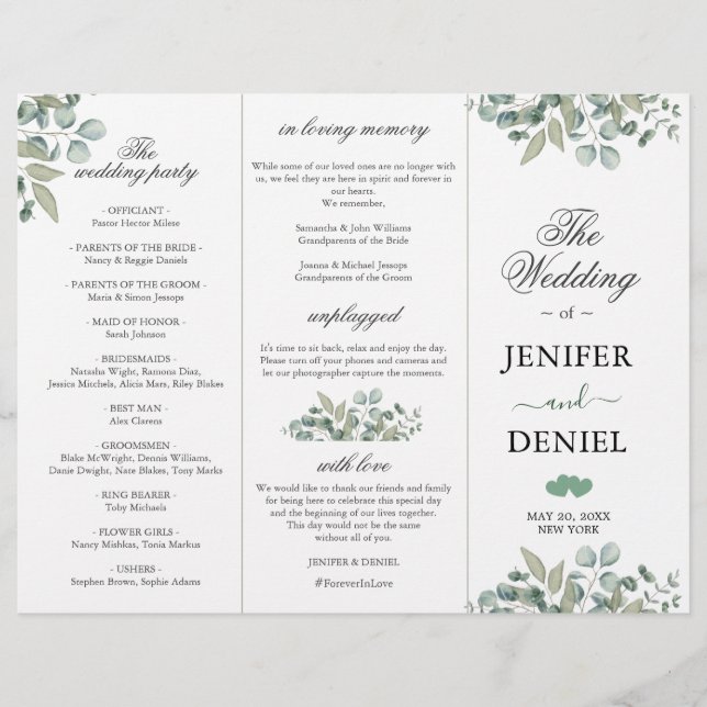 Programme de mariage avec verdure d'eucalyptus  (Devant)