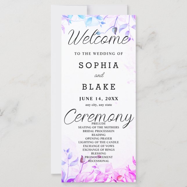 Programme de mariage blanc aux feuilles roses viol (Devant)