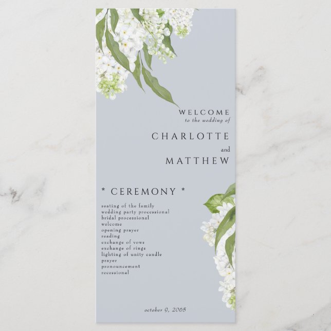 Programme de mariage bleu blanc Hydrangea Dusty (Devant)