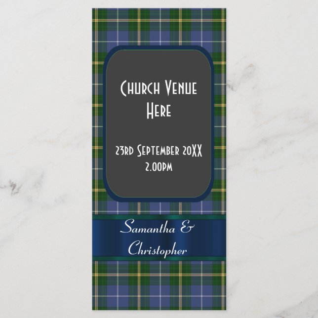 Programme de mariage bleu et vert tartan plaid (Devant)