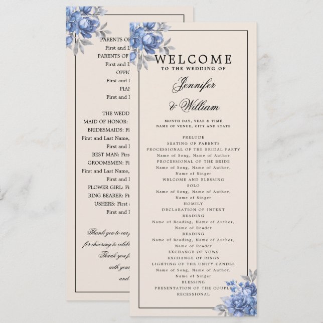 Programme de mariage bleu poussiéreux floral rusti (Devant / Derrière)