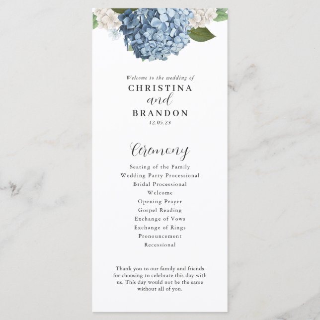 Programme de mariage Blue Hydrangea (Devant)