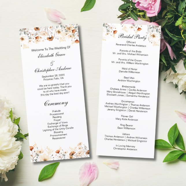 Programme de mariage Boho Fleurs sauvages Jaune Be (Boho Wildflowers in Yellow Cream Beige Neutral Colors Wedding Program)