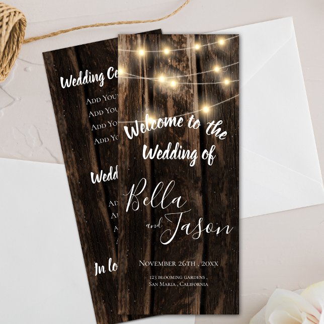 Programme de mariage | Bois rustique avec lumières (Wedding Program | Rustic Wood With String Lights)