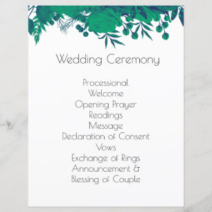 Programme de mariage botanique bleu et vert profon