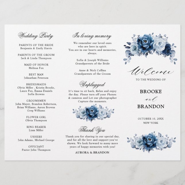 Programme de mariage botanique en ardoise bleu pou (Devant)