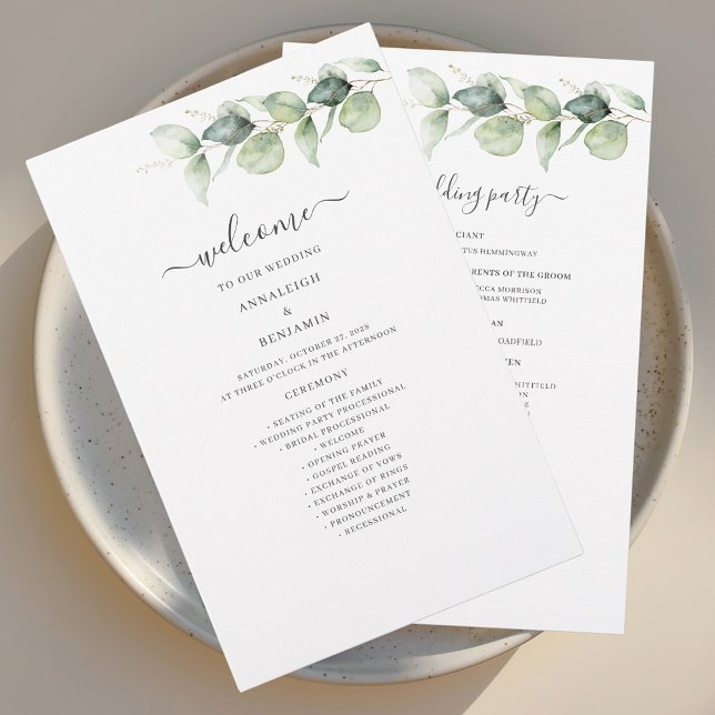 Programme de mariage botanique Eucalyptus Greenery (Elegant Eucalyptus Greenery Script Wedding Welcome Program Stationery)