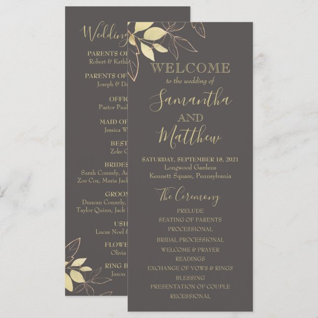 Programme de mariage botanique Gris & Gold Foliage (Devant / Derrière)